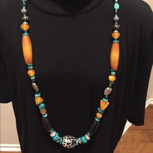 Amber colored beads with turquoise Necklace